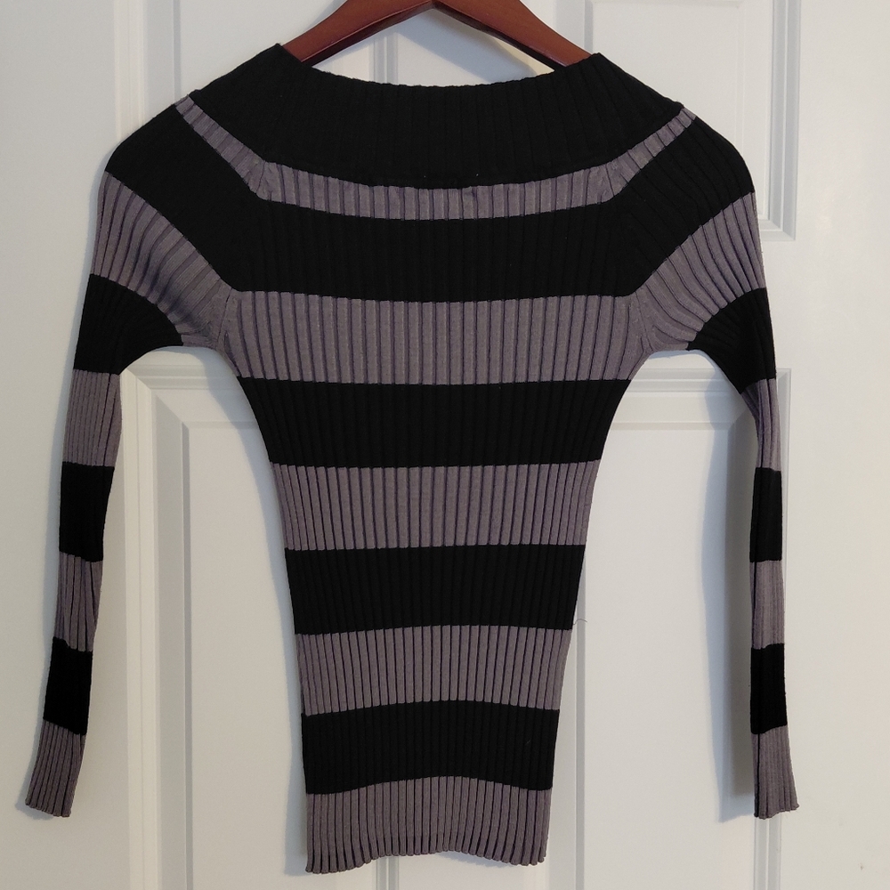 Striped Black and Gray Ribbed VNeck Sweater, Size M, Love By Design - Picture 3 of 3